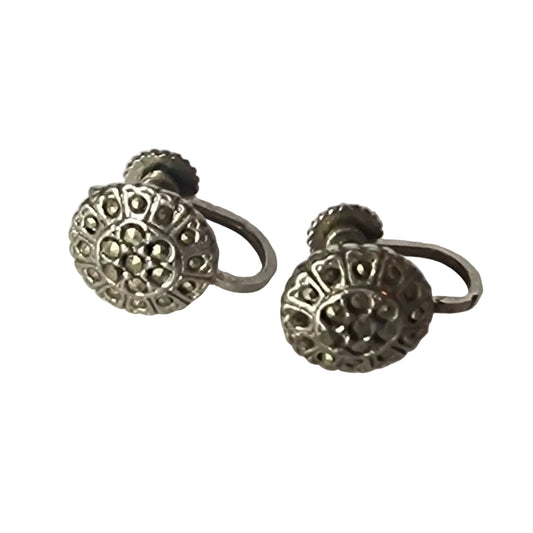 Vintage 1950s Silver-Tone Marcasite Round Button Earrings Screw Back Geometric – photo 5
