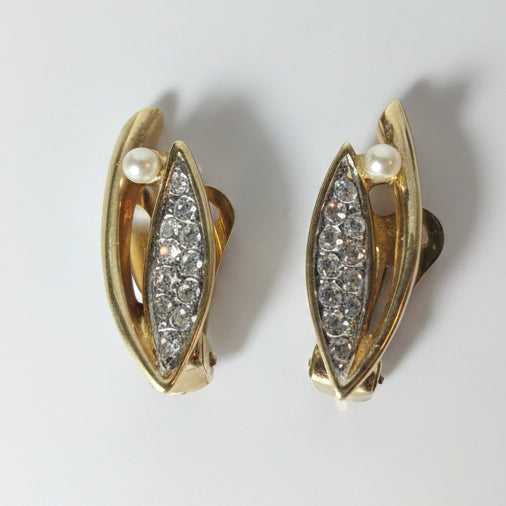 Vintage 1980s Silver-Tone Clip-On Earrings Pave Rhinestone Faux Pearl Marquise – photo 2