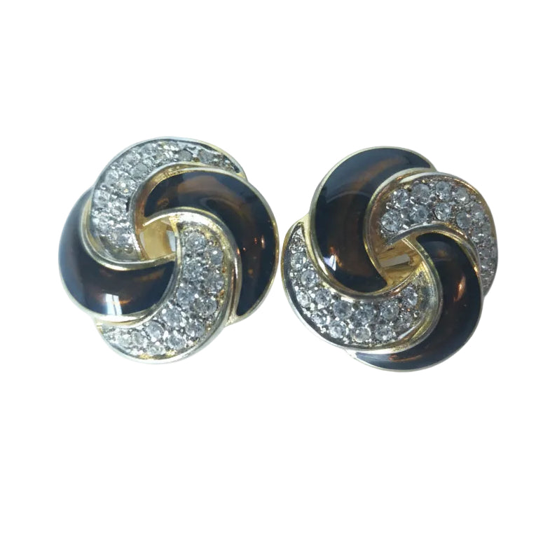 Vintage 1980s Gold-Tone Brown Enamel Clip-On Earrings Rhinestone Swirl Geometric – photo 3