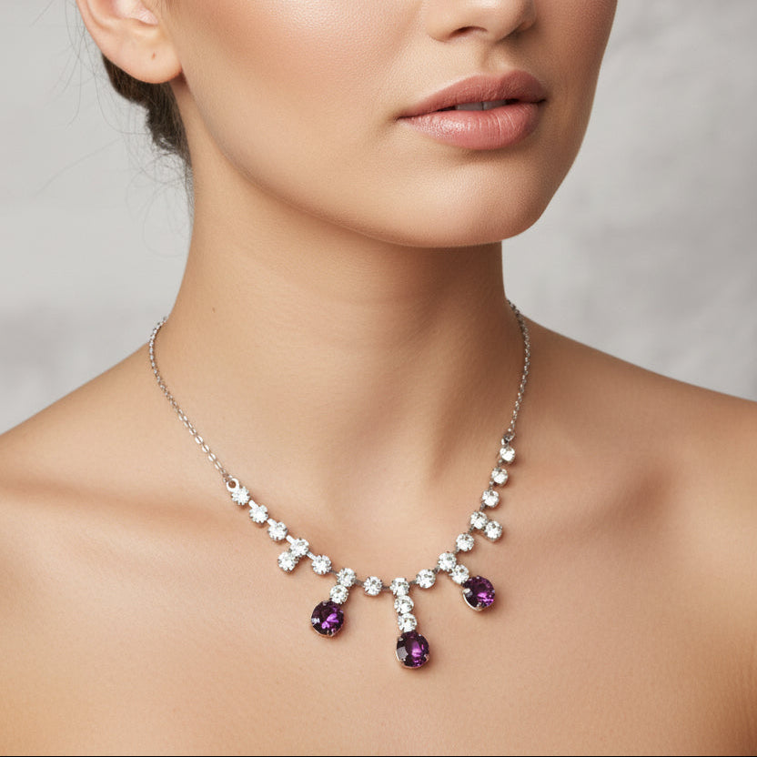 Vintage 1950s Silver-Tone Rhinestone Amethyst Cascade Drop Necklace Costume Bib
