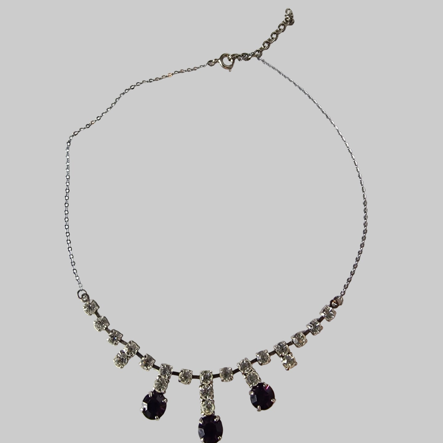Vintage 1950s Silver-Tone Rhinestone Amethyst Cascade Drop Necklace Costume Bib – photo 3