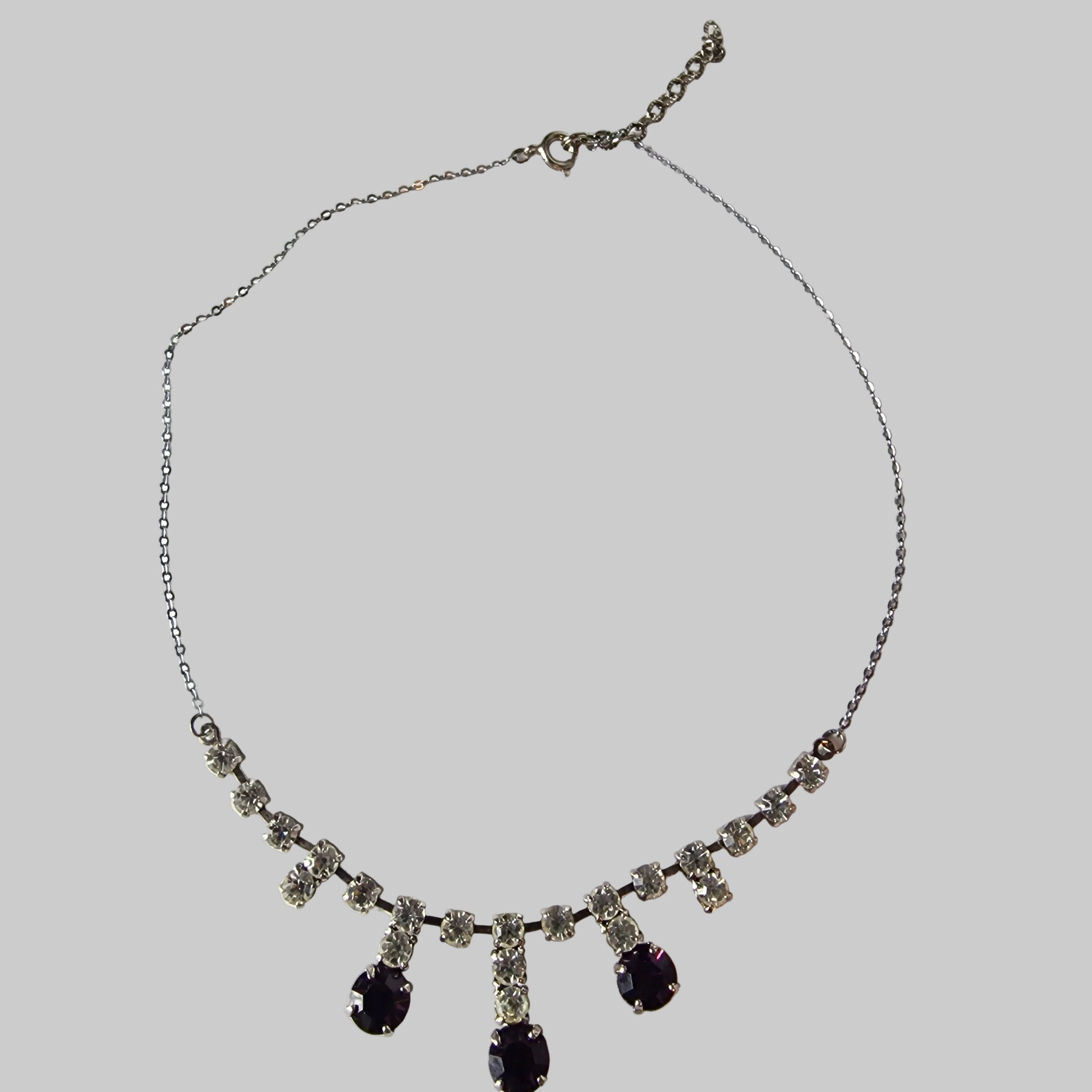 Vintage 1950s Silver-Tone Rhinestone Amethyst Cascade Drop Necklace Costume Bib – photo 3