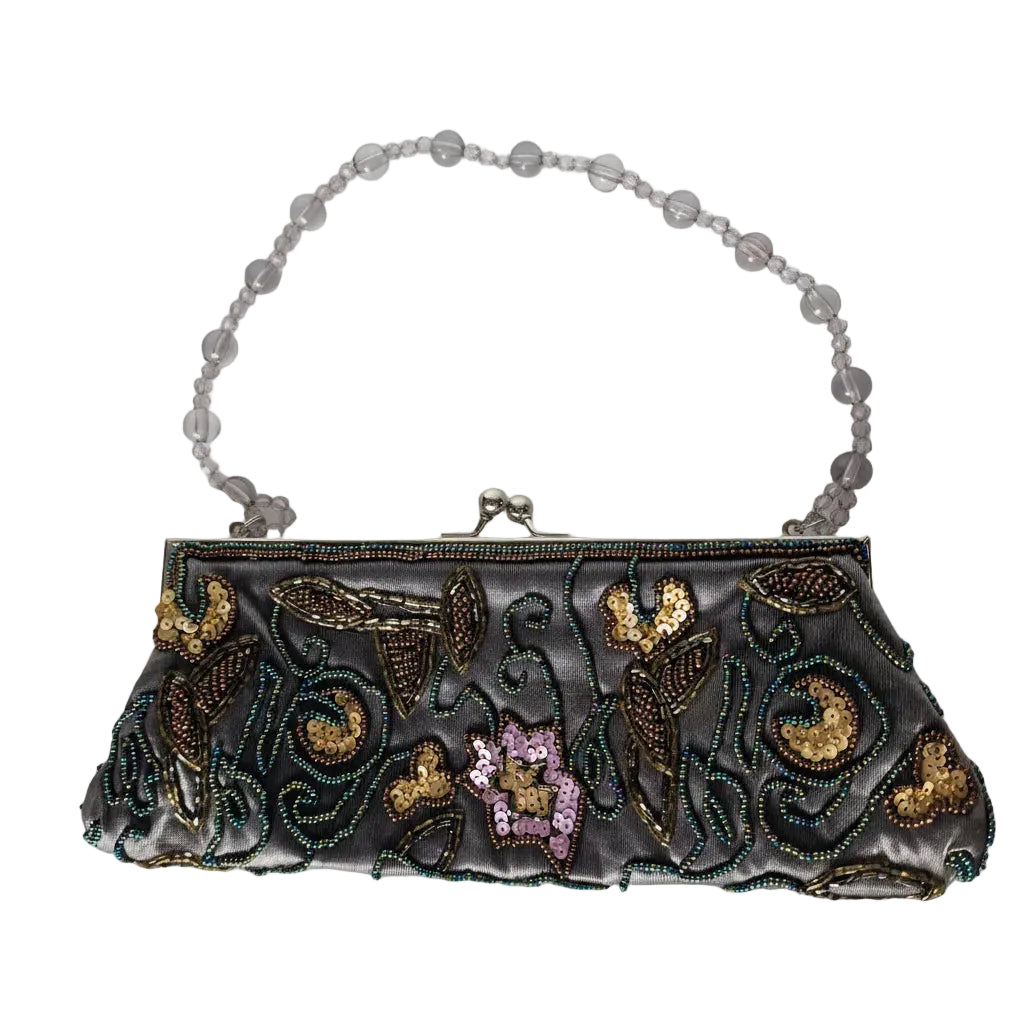 Vintage 1990s Grey Beaded Fabric Evening Clutch Bag Floral Sequin Frame Clasp
