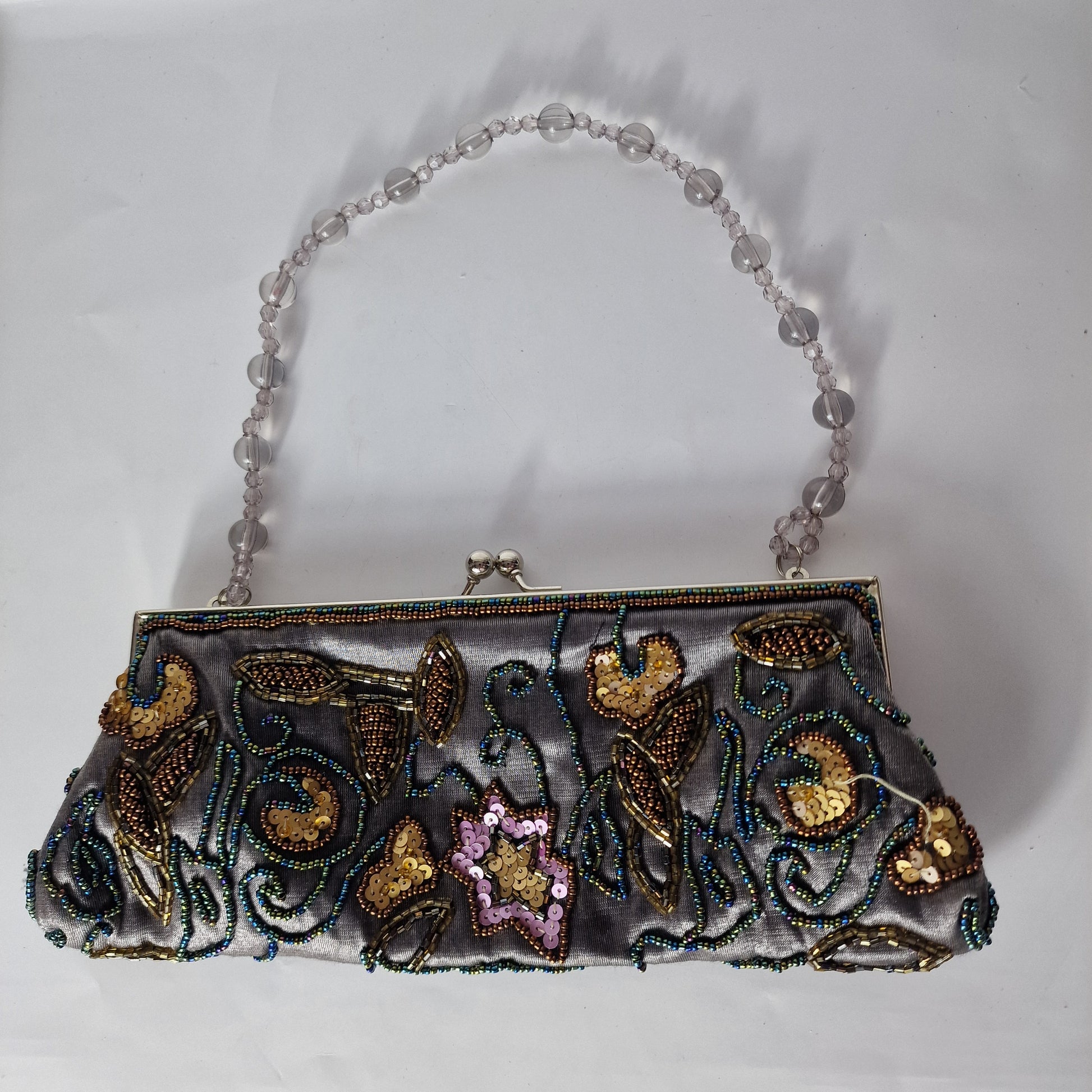 Vintage 1990s Grey Beaded Fabric Evening Clutch Bag Floral Sequin Frame Clasp – photo 7