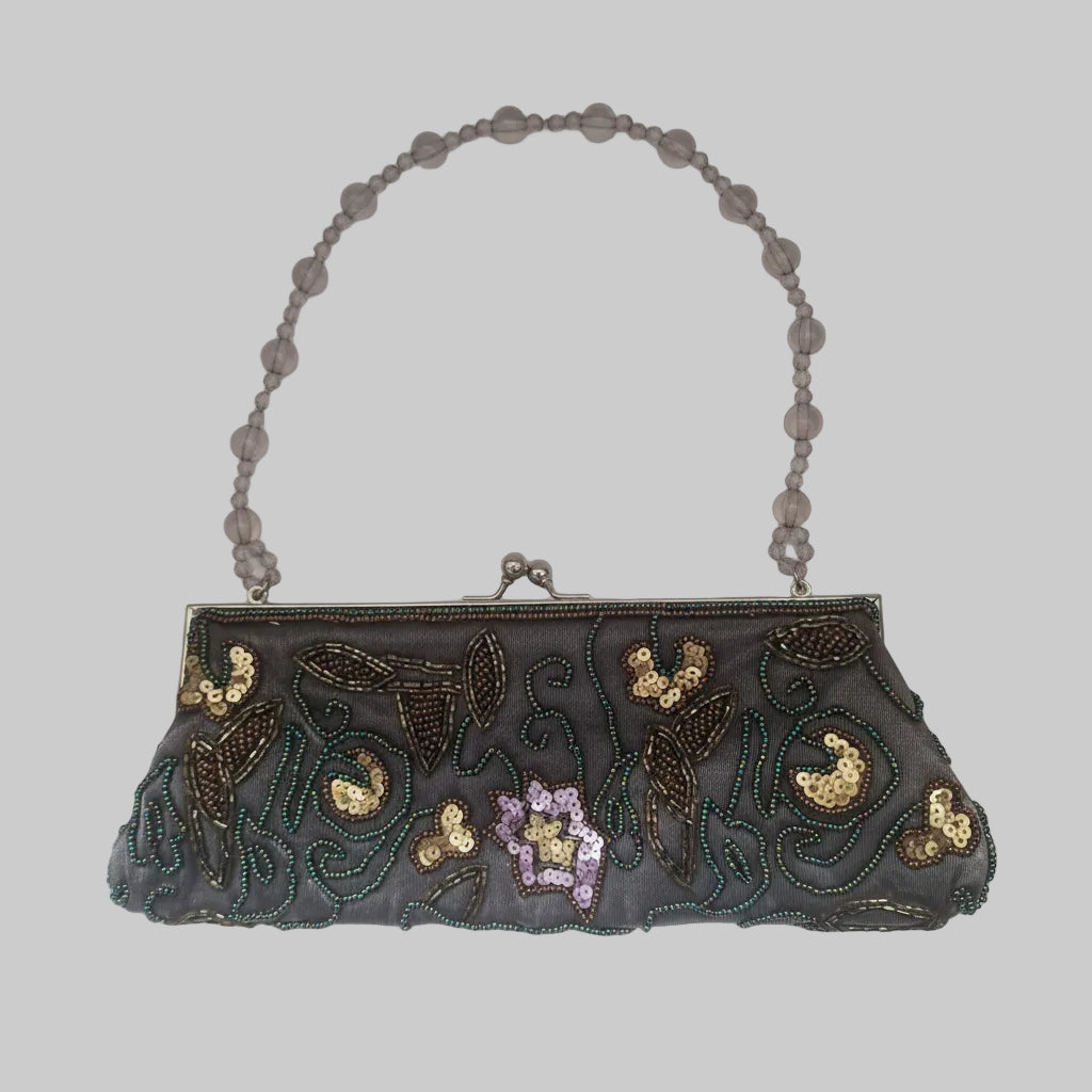 Vintage 1990s Grey Beaded Fabric Evening Clutch Bag Floral Sequin Frame Clasp