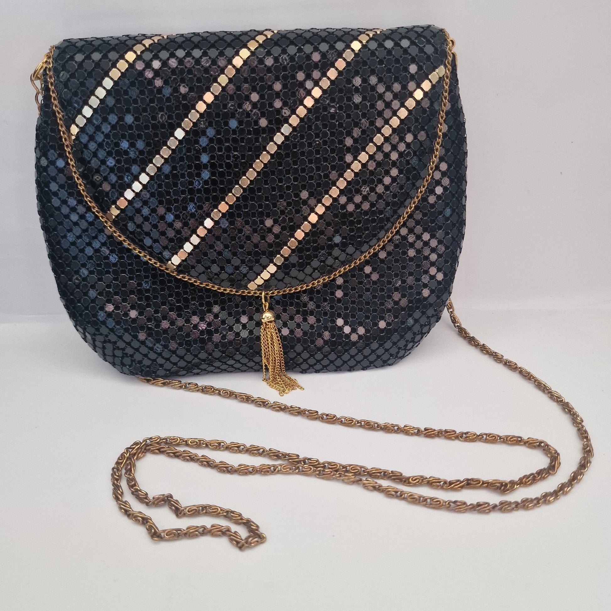 Vintage 1980s Black Metal Mesh Clutch Gold-Tone Chain Tassel Geometric Evening