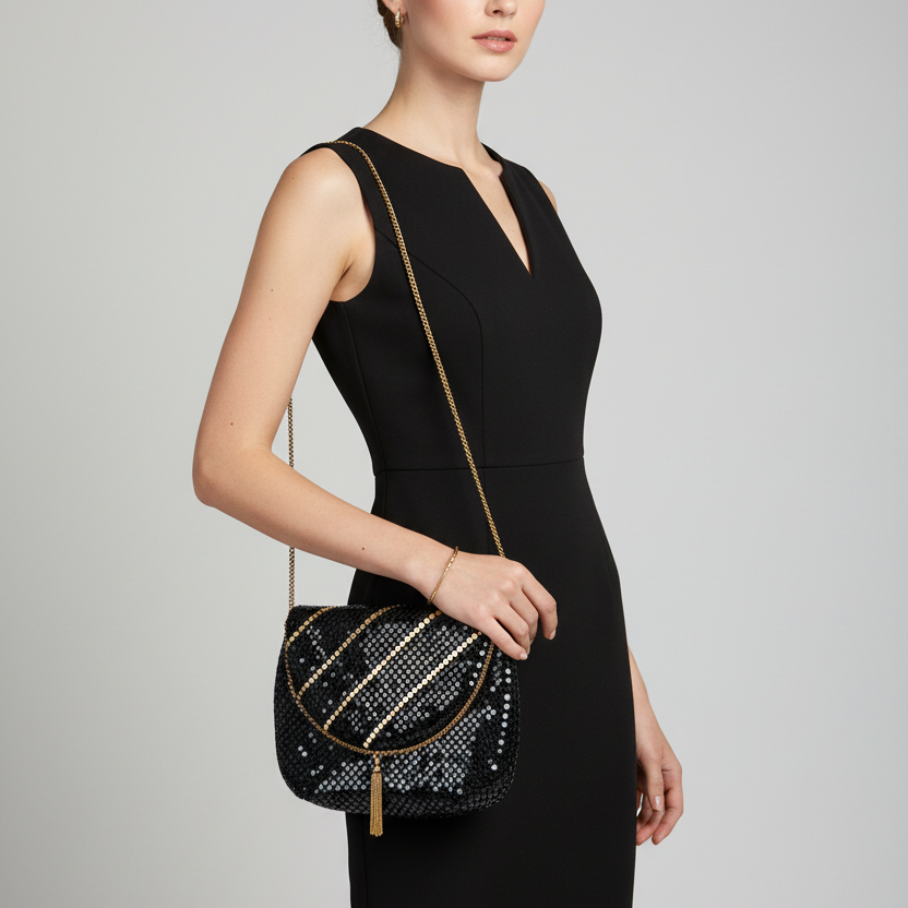 Vintage 1980s Black Metal Mesh Clutch Gold-Tone Chain Tassel Geometric Evening