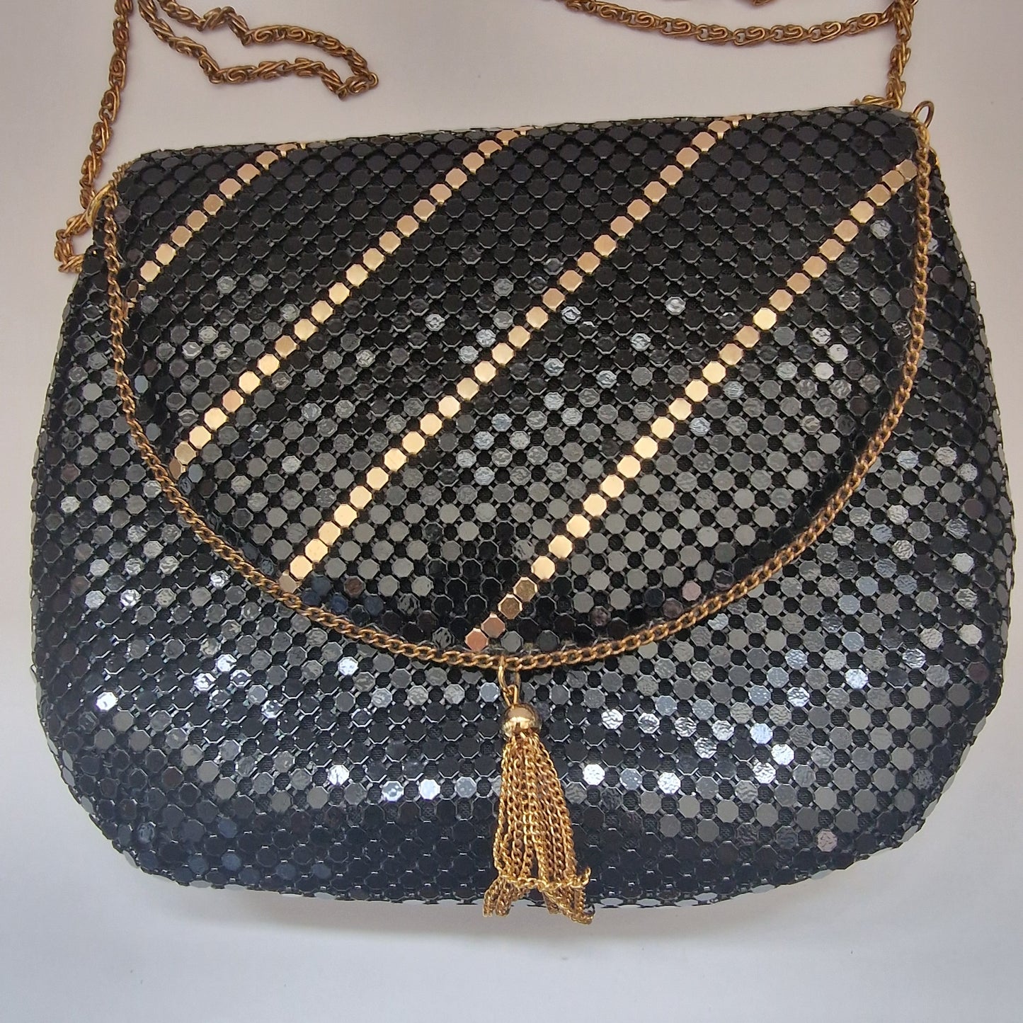 Vintage 1980s Black Metal Mesh Clutch Gold-Tone Chain Tassel Geometric Evening – photo 3
