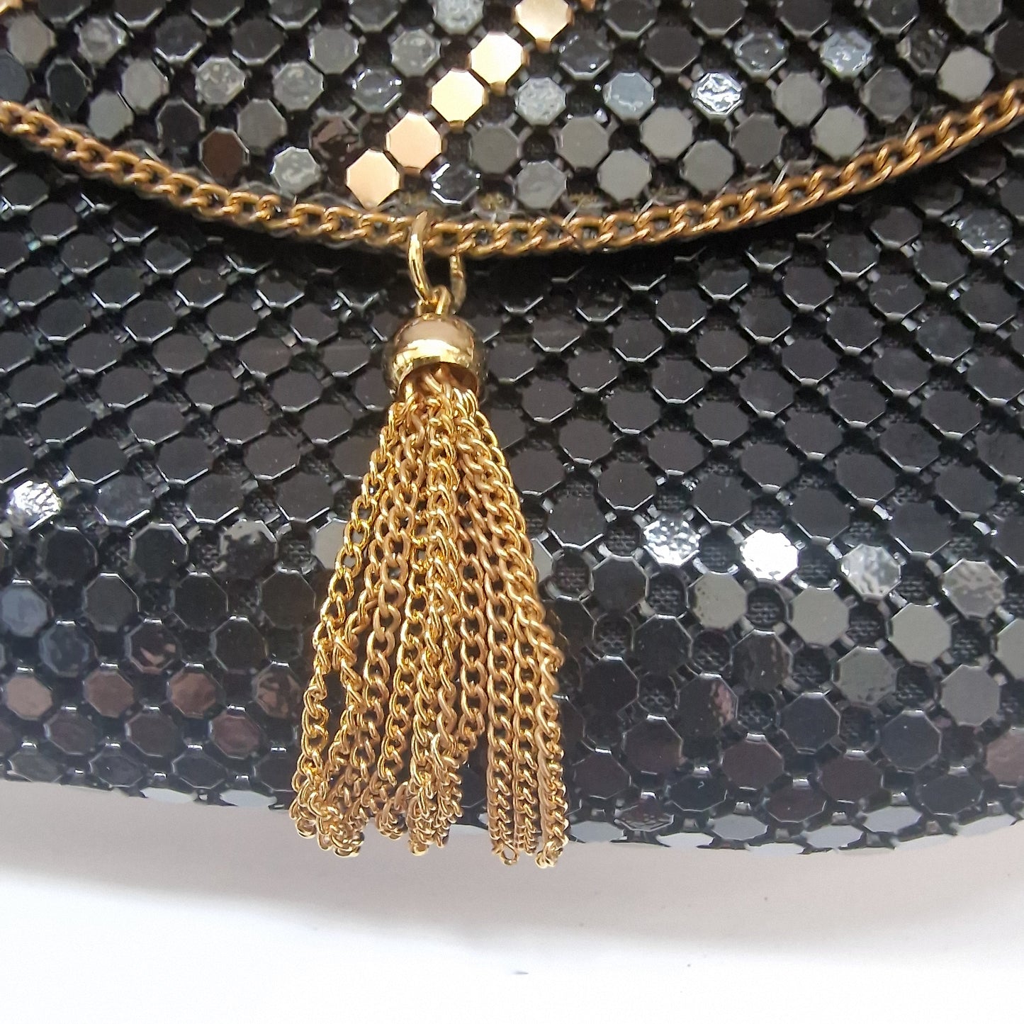 Vintage 1980s Black Metal Mesh Clutch Gold-Tone Chain Tassel Geometric Evening – photo 4