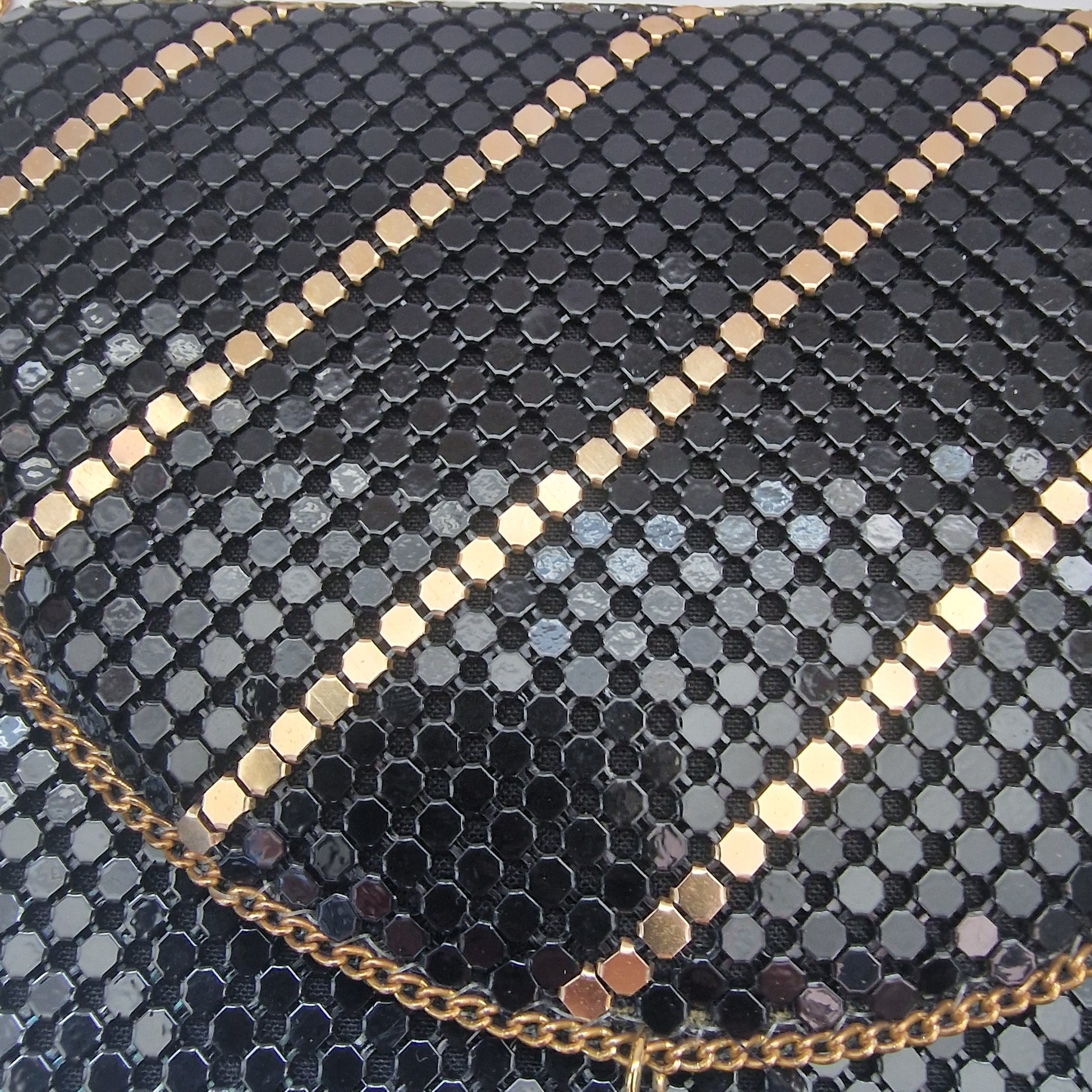 Vintage 1980s Black Metal Mesh Clutch Gold-Tone Chain Tassel Geometric Evening – photo 5