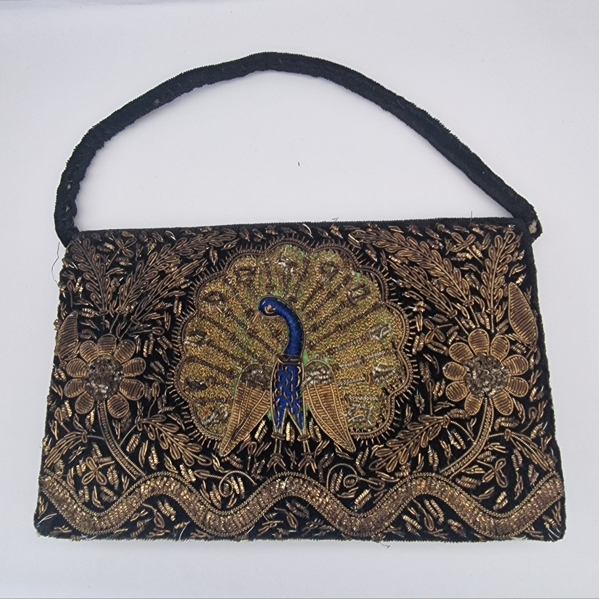 Vintage 1950s Black Gold Embroidered Peacock Bird Clutch Wristlet Evening Bag – photo 3
