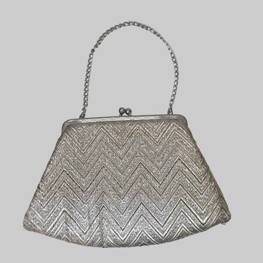 Vintage 1960s Silver Metallic Brocade Clutch Bag Chevron Evening Kiss Lock Frame