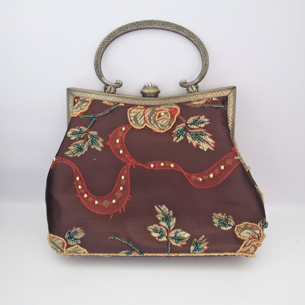 Vintage Faye London 1990s Burgundy Embroidered Fabric Clutch Bag Floral Beaded