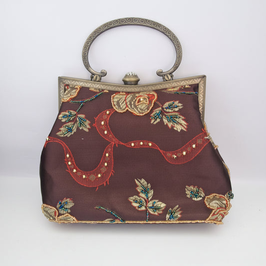 Vintage Faye London 1990s Burgundy Embroidered Fabric Clutch Bag Floral Beaded