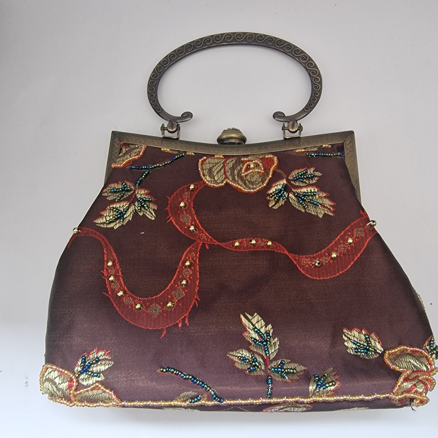 Vintage Faye London 1990s Burgundy Embroidered Fabric Clutch Bag Floral Beaded – photo 3