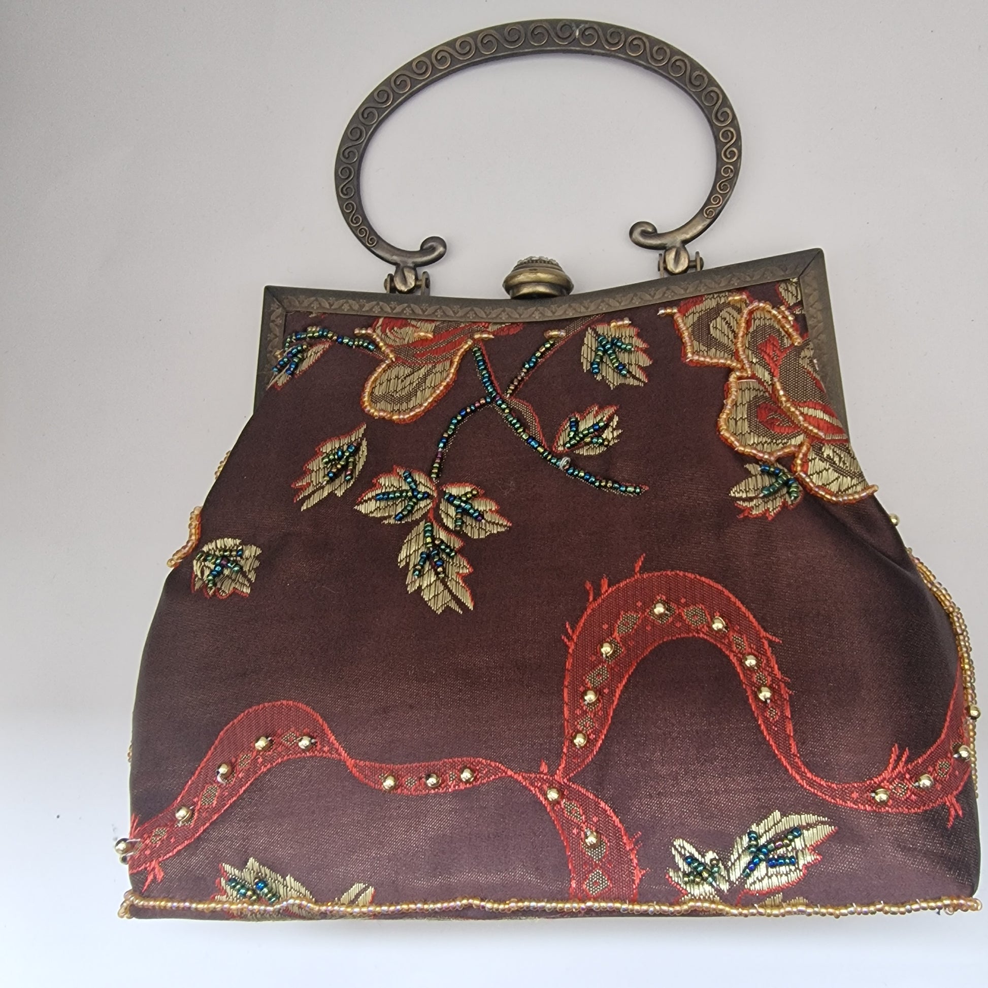 Vintage Faye London 1990s Burgundy Embroidered Fabric Clutch Bag Floral Beaded – photo 4