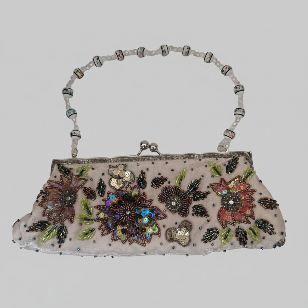 Vintage 1990s Cream Fabric Beaded Sequin Floral Clutch Bag Silver Frame Clasp
