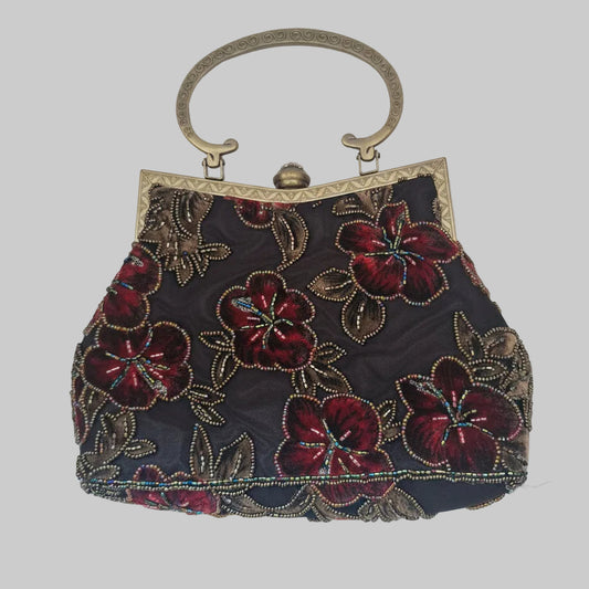 Vintage Leko 1990s Black Silk Beaded Burgundy Embroidered Floral Evening Clutch