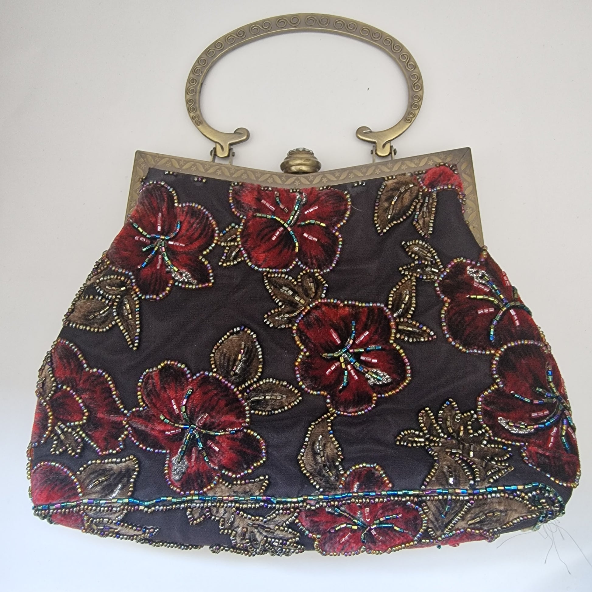 Vintage Leko 1990s Black Silk Beaded Burgundy Embroidered Floral Evening Clutch – photo 4
