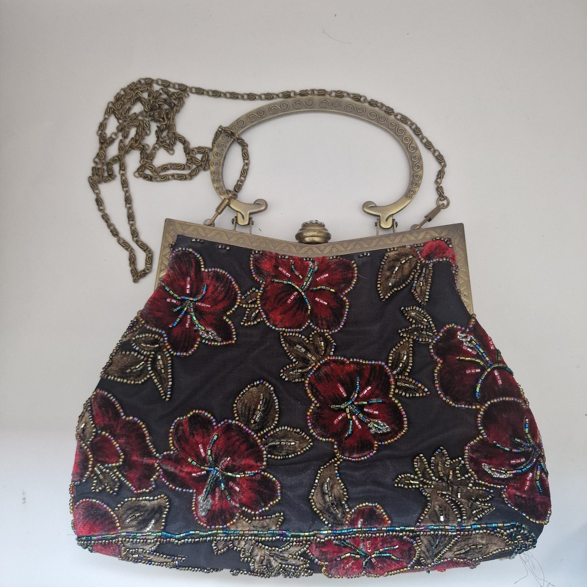 Vintage Leko 1990s Black Silk Beaded Burgundy Embroidered Floral Evening Clutch – photo 7