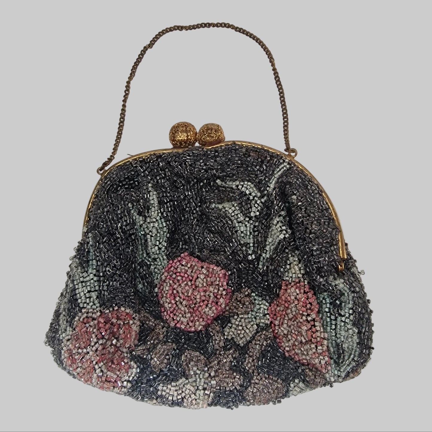 Vintage 1950s Black Pink Glass Beaded Floral Evening Clutch Bag Gold-Tone Frame