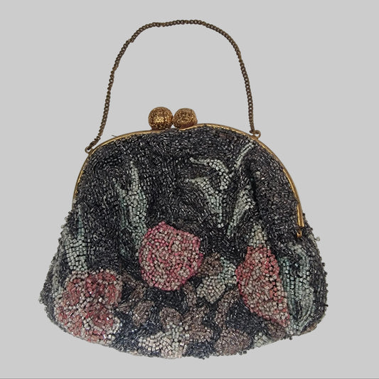 Vintage 1950s Black Pink Glass Beaded Floral Evening Clutch Bag Gold-Tone Frame