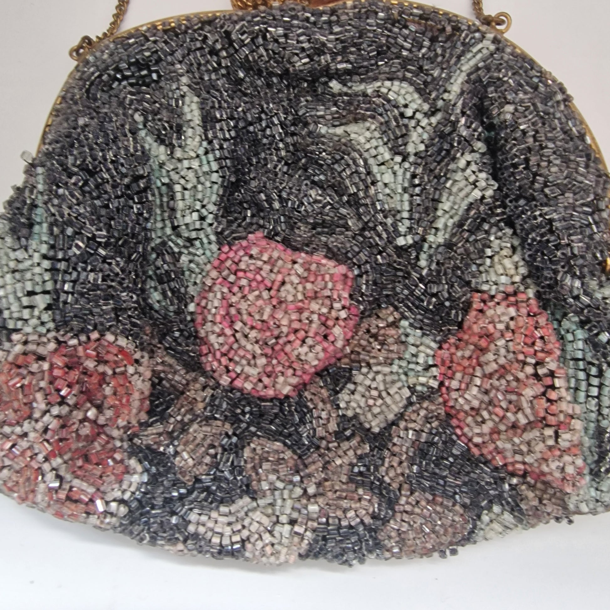 Vintage 1950s Black Pink Glass Beaded Floral Evening Clutch Bag Gold-Tone Frame – photo 2