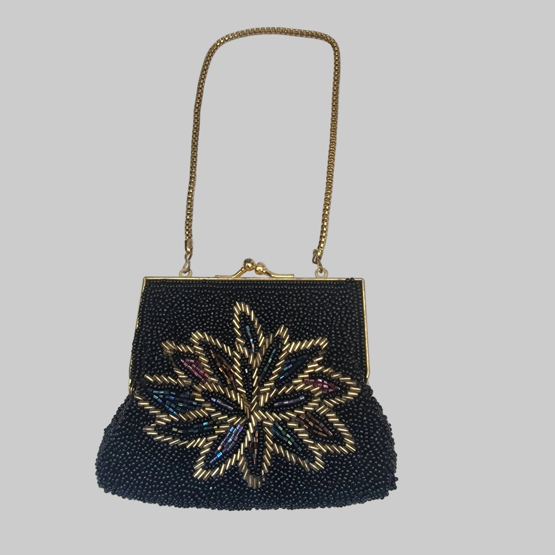Vintage 1960s Black Glass Beaded Evening Bag Gold-Tone Frame Floral Kiss Lock