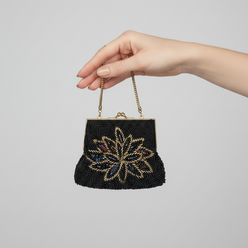 Vintage 1960s Black Glass Beaded Evening Bag Gold-Tone Frame Floral Kiss Lock