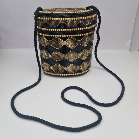 Vintage 1990s Black Gold Beaded Bag Barrel Drawstring Cord Geometric Ethnic Boho