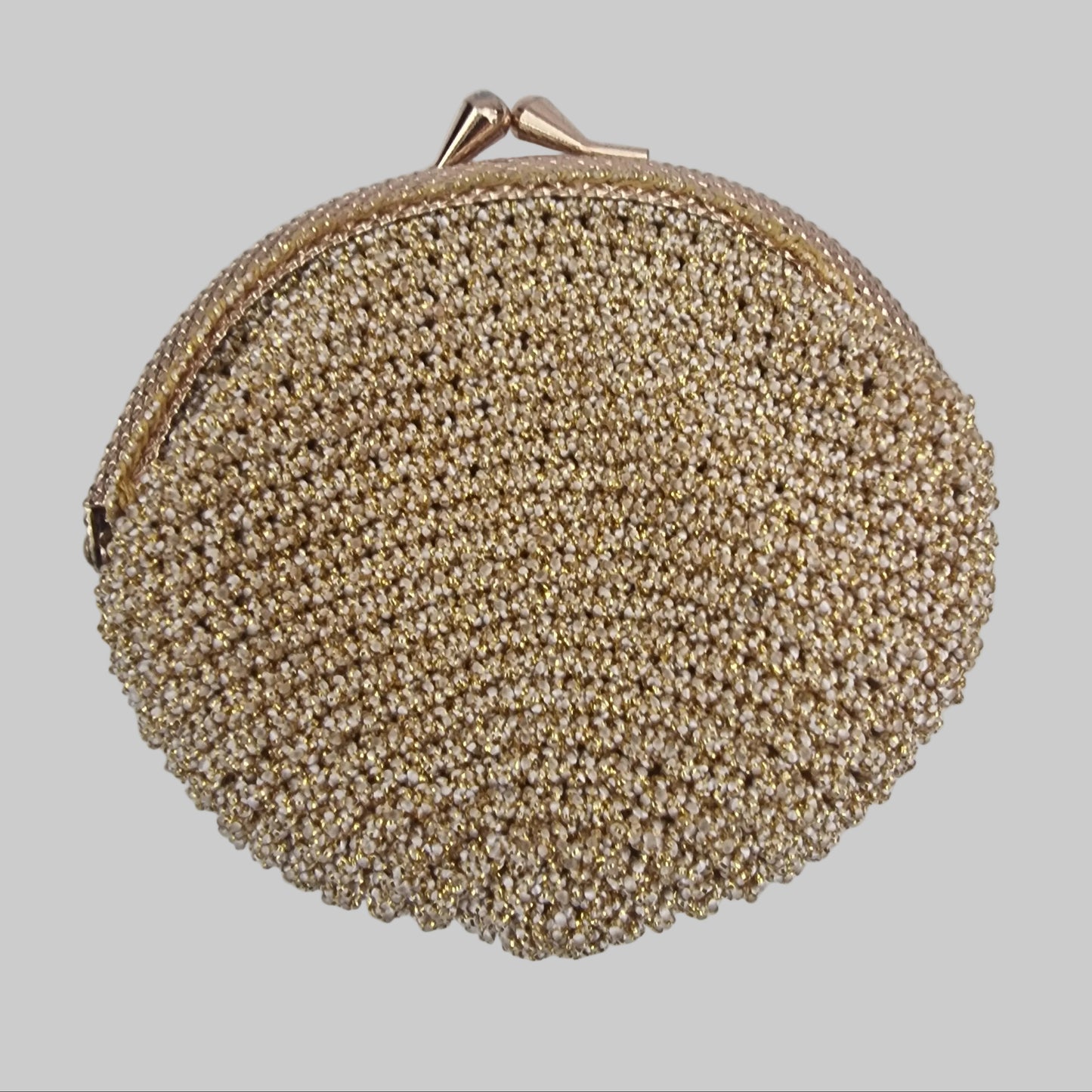 Vintage 1970s Gold Metallic Crocheted Round Coin Purse Kiss-Lock Clasp Frame Bag