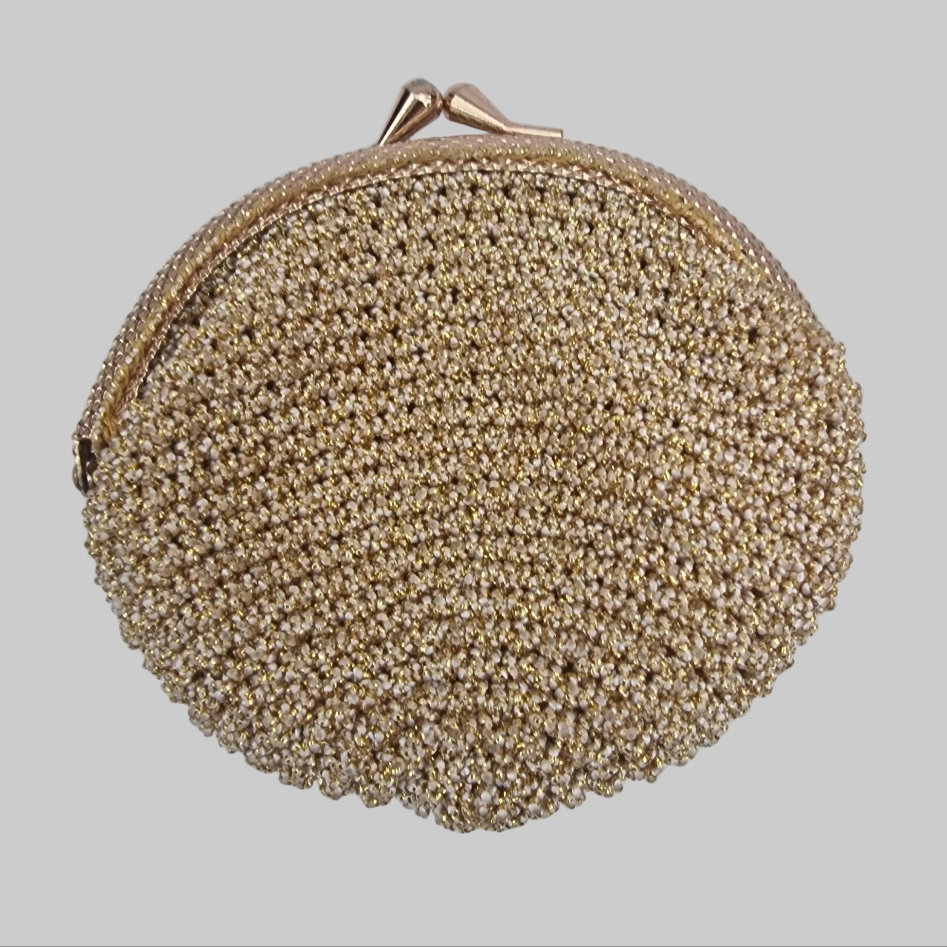 Vintage 1970s Gold Metallic Crocheted Round Coin Purse Kiss-Lock Clasp Frame Bag