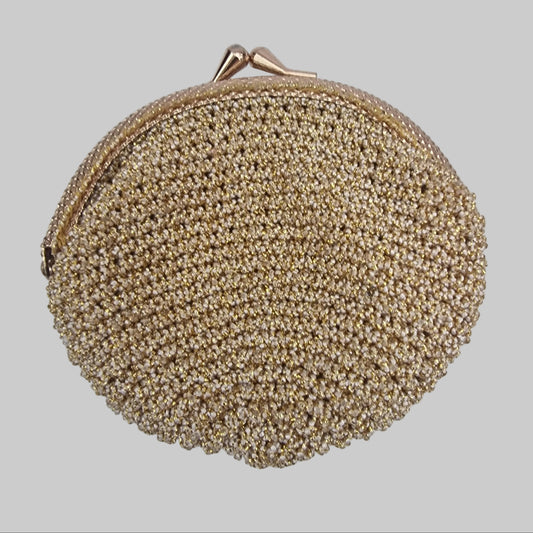 Vintage 1970s Gold Metallic Crocheted Round Coin Purse Kiss-Lock Clasp Frame Bag