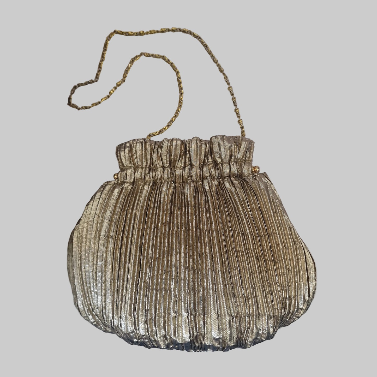 Vintage Frangi 1980s Gold Lamé Pleated Clutch Bag Gold-Tone Chain Strap Evening