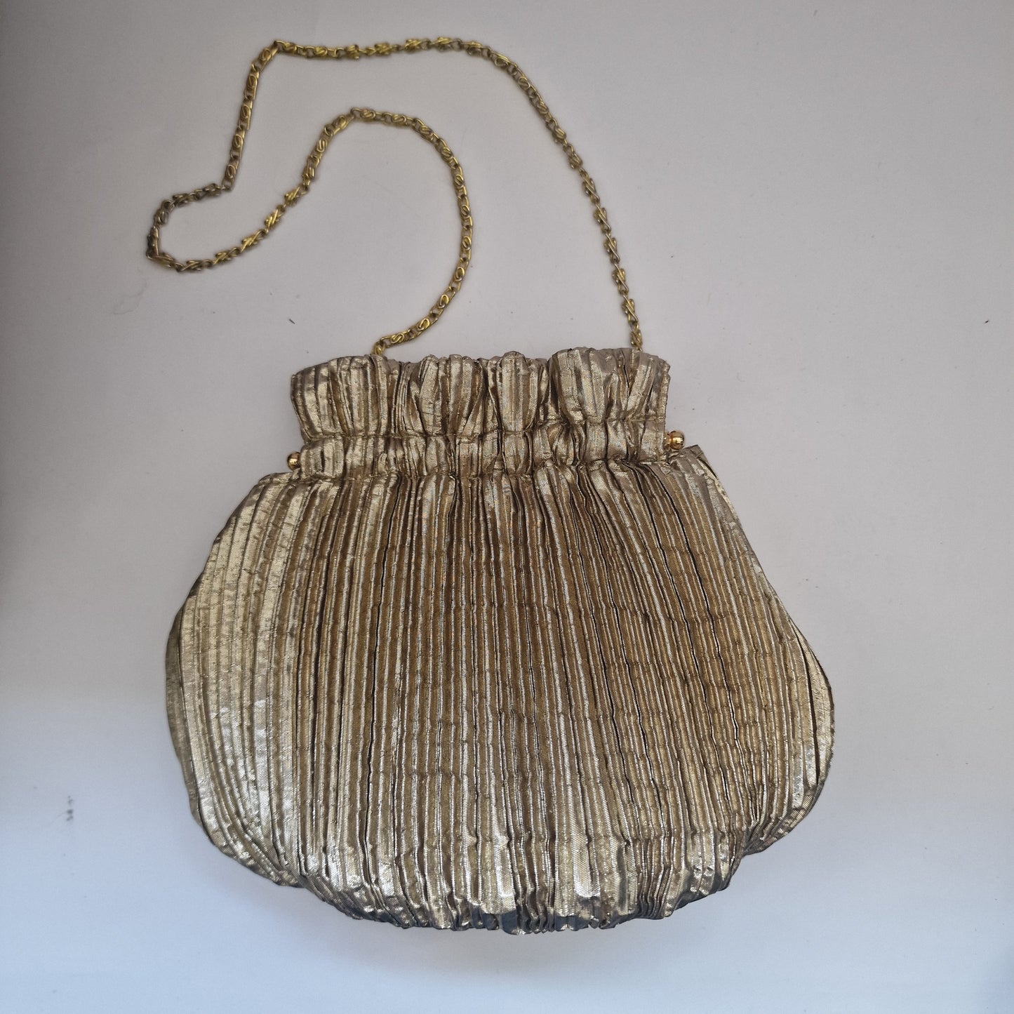 Vintage Frangi 1980s Gold Lamé Pleated Clutch Bag Gold-Tone Chain Strap Evening – photo 2
