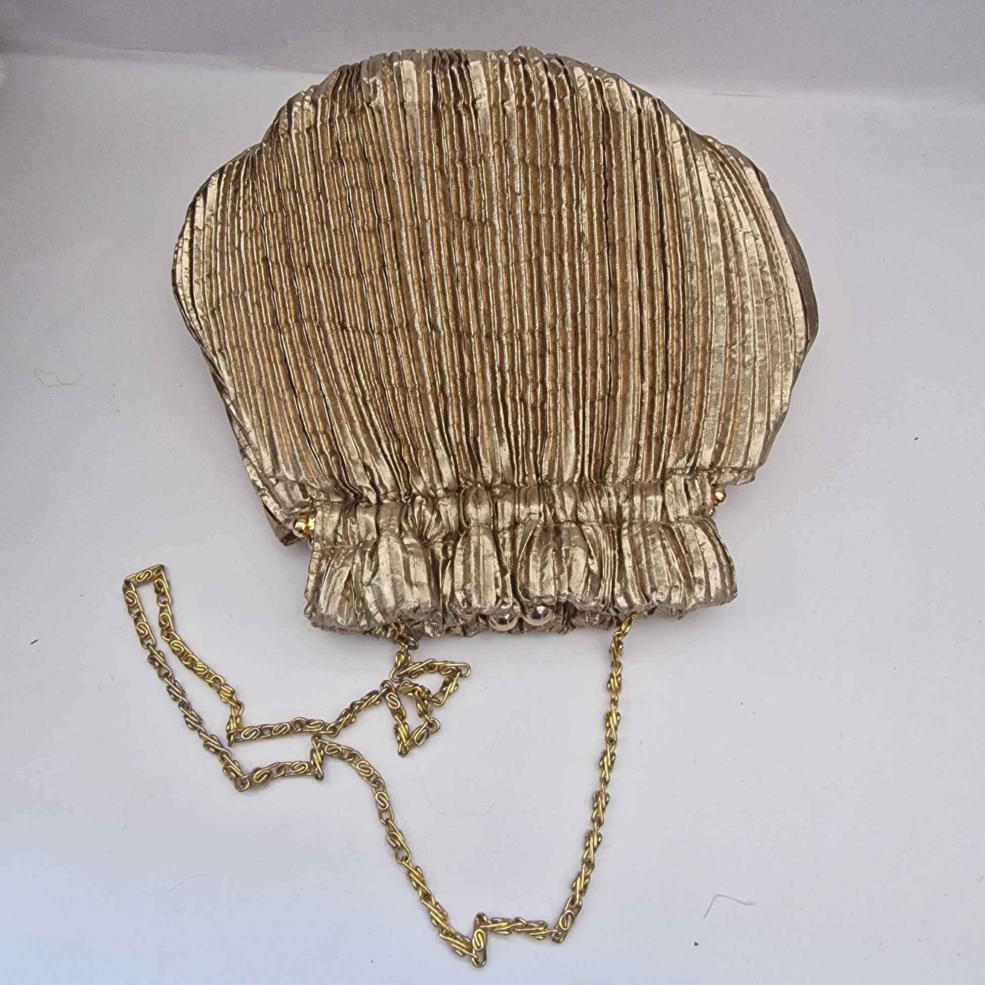 Vintage Frangi 1980s Gold Lamé Pleated Clutch Bag Gold-Tone Chain Strap Evening – photo 3