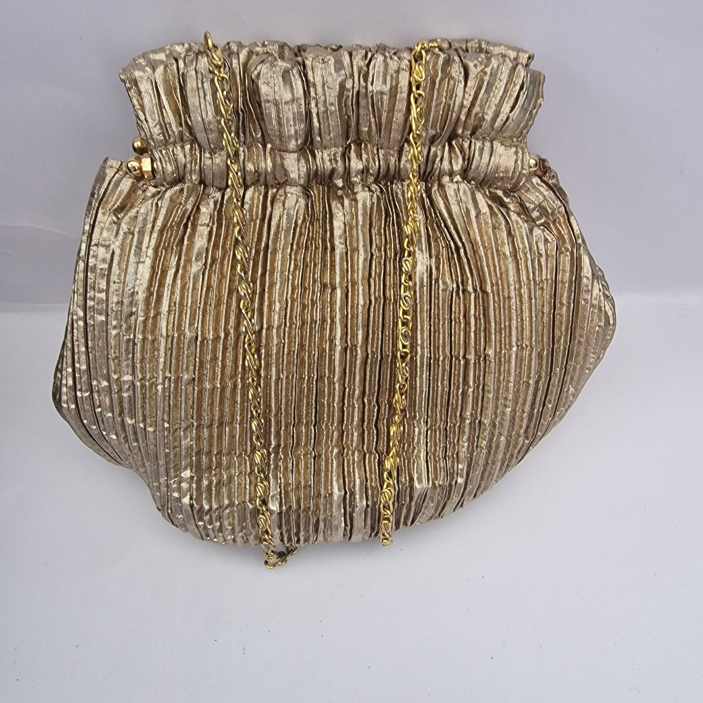 Vintage Frangi 1980s Gold Lamé Pleated Clutch Bag Gold-Tone Chain Strap Evening – photo 4