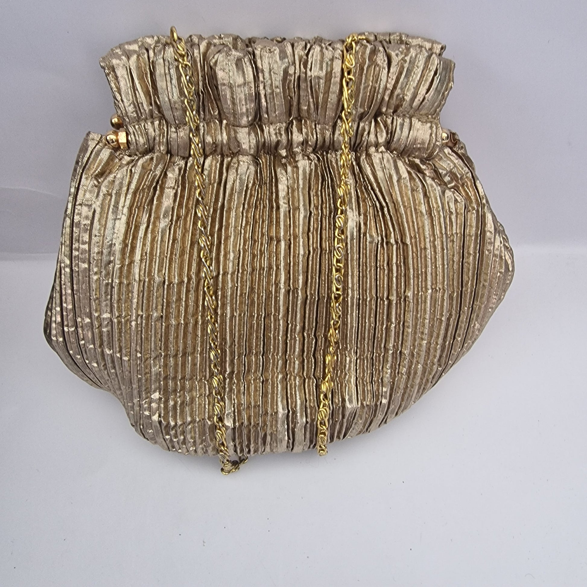 Vintage Frangi 1980s Gold Lamé Pleated Clutch Bag Gold-Tone Chain Strap Evening – photo 4