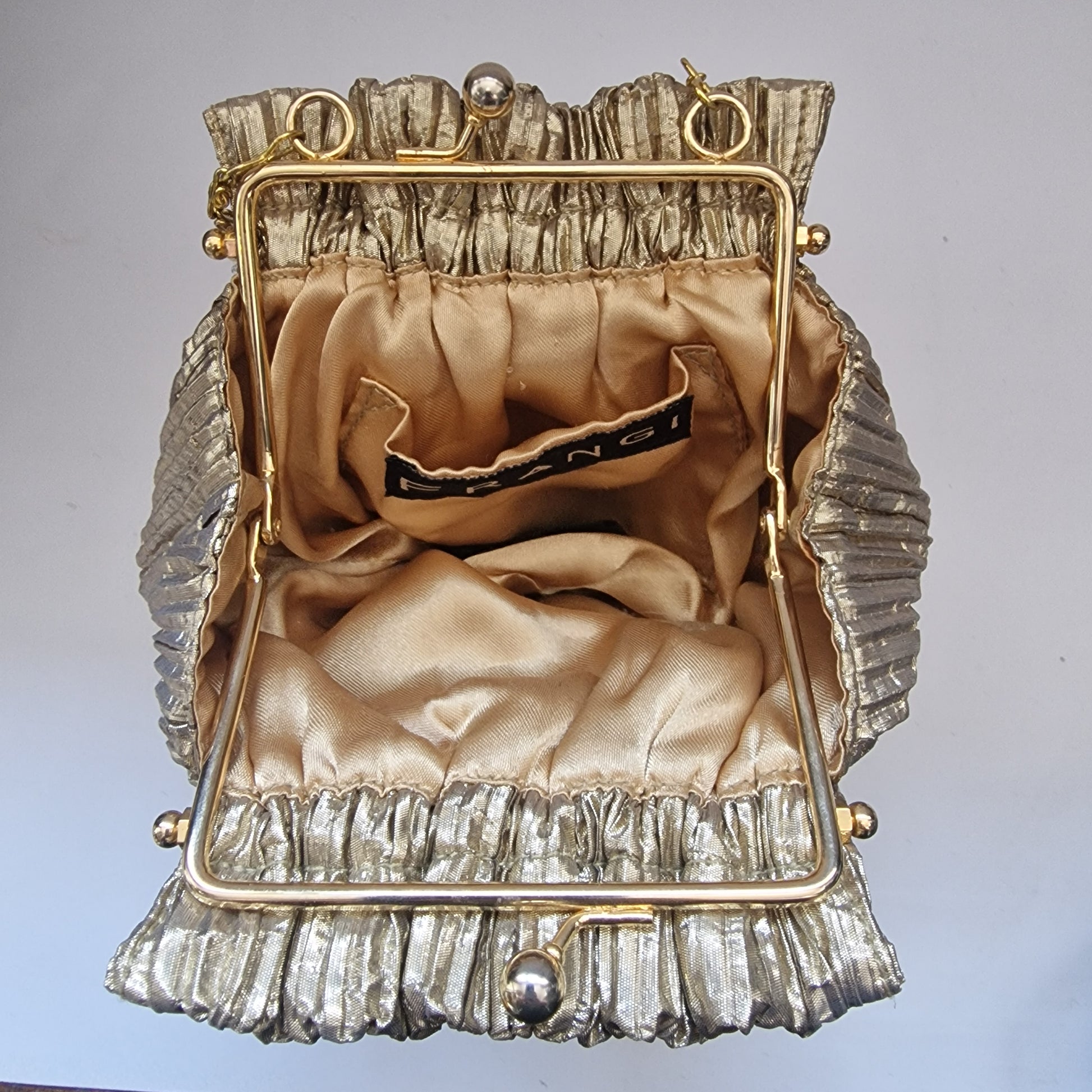 Vintage Frangi 1980s Gold Lamé Pleated Clutch Bag Gold-Tone Chain Strap Evening – photo 8