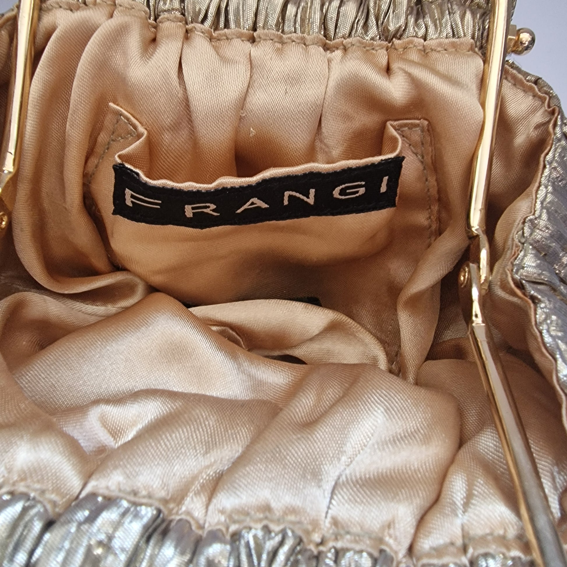 Vintage Frangi 1980s Gold Lamé Pleated Clutch Bag Gold-Tone Chain Strap Evening – photo 9