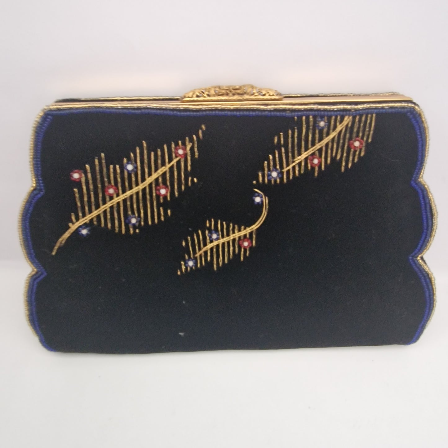 Vintage 1960s Black Velvet Embroidered Clutch Bag Gold-Tone Filigree Frame Clasp