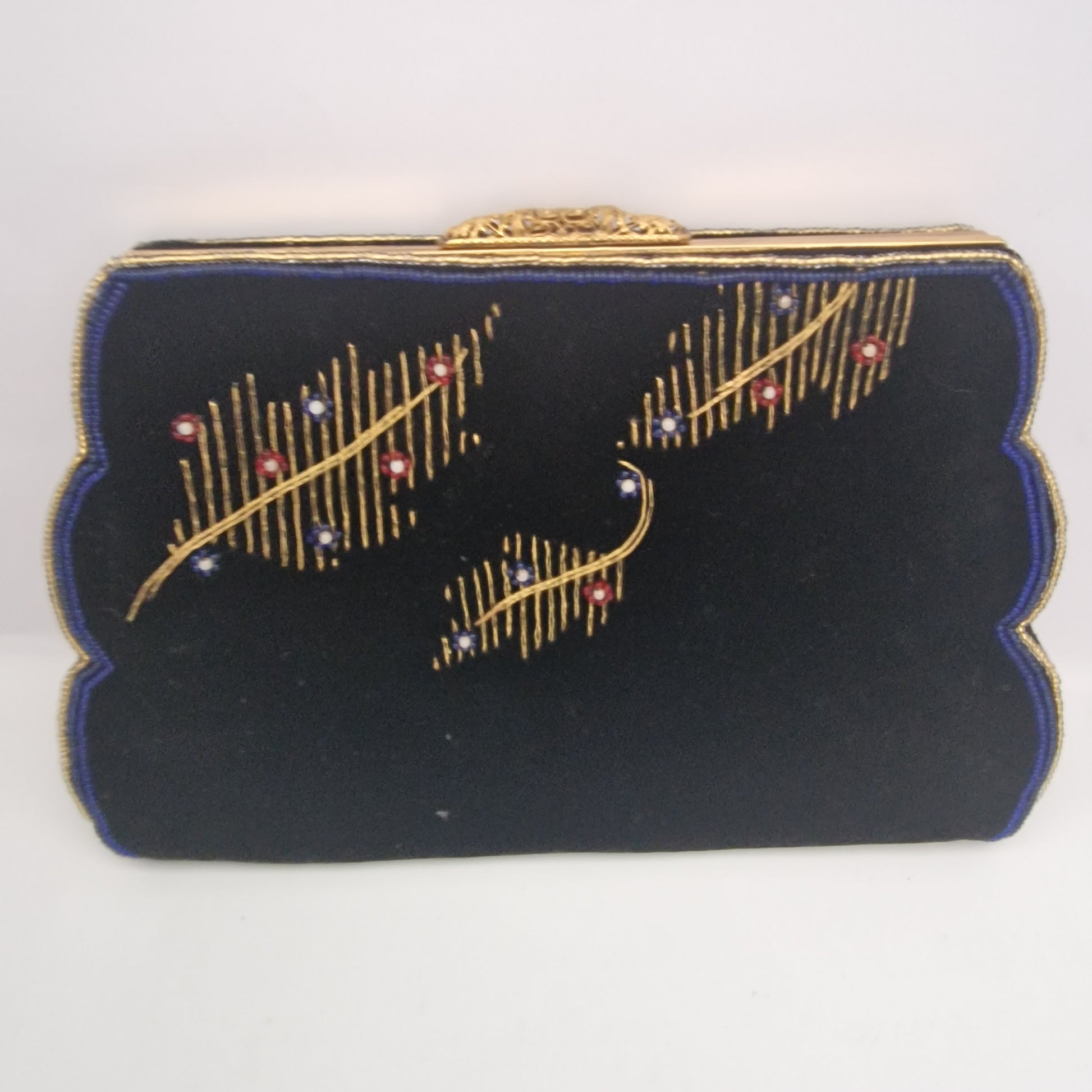 Vintage 1960s Black Velvet Embroidered Clutch Bag Gold-Tone Filigree Frame Clasp