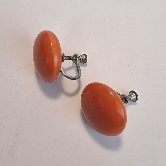 Vintage 1970s Orange Ceramic Disc Stud Earrings Terracotta Round Boho Pottery