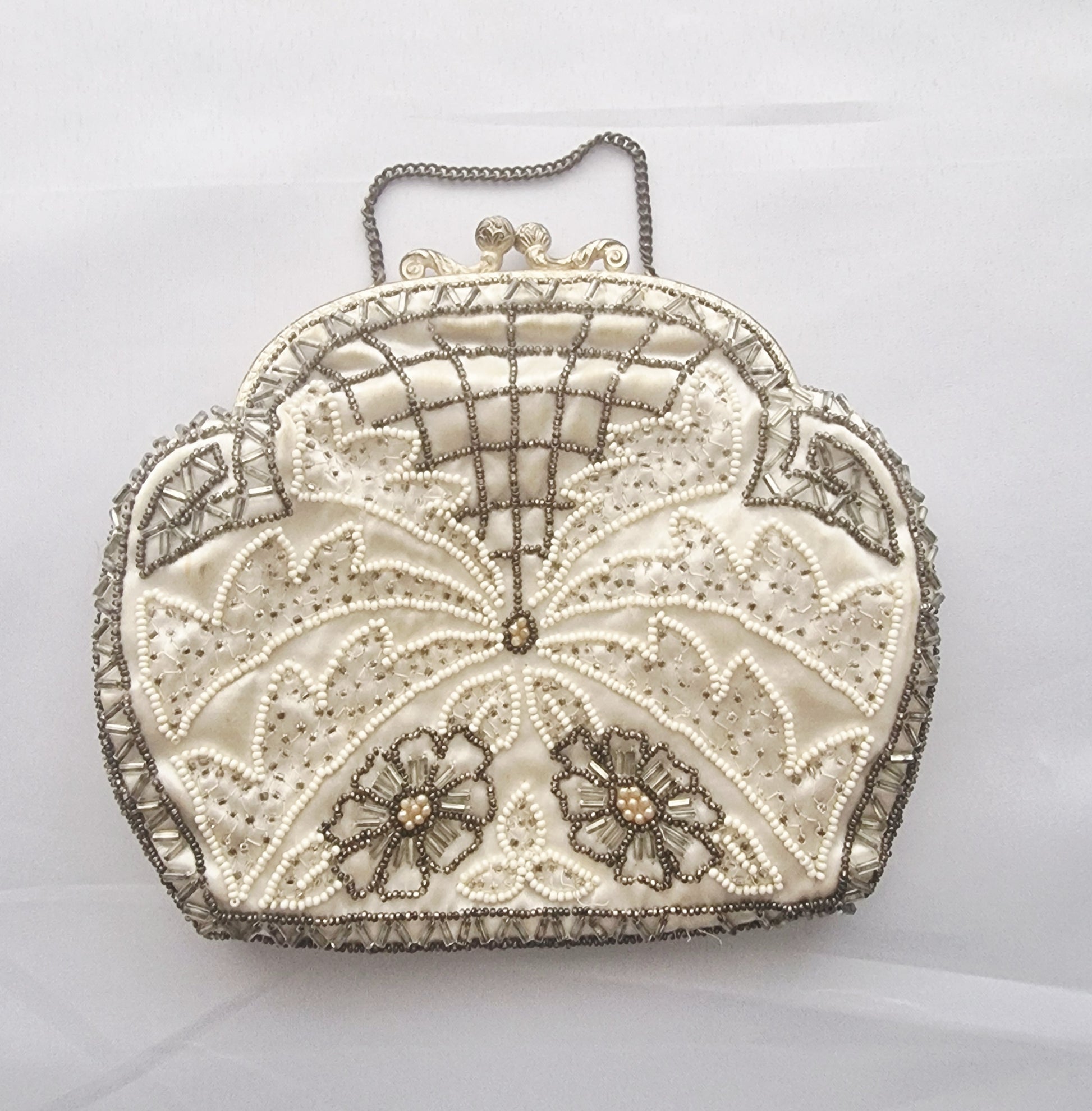 Vintage 1950s French Ivory Satin Beaded Evening Clutch Bag Floral Frame Clasp