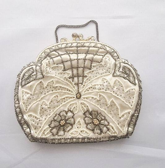 Vintage 1950s French Ivory Satin Beaded Evening Clutch Bag Floral Frame Clasp