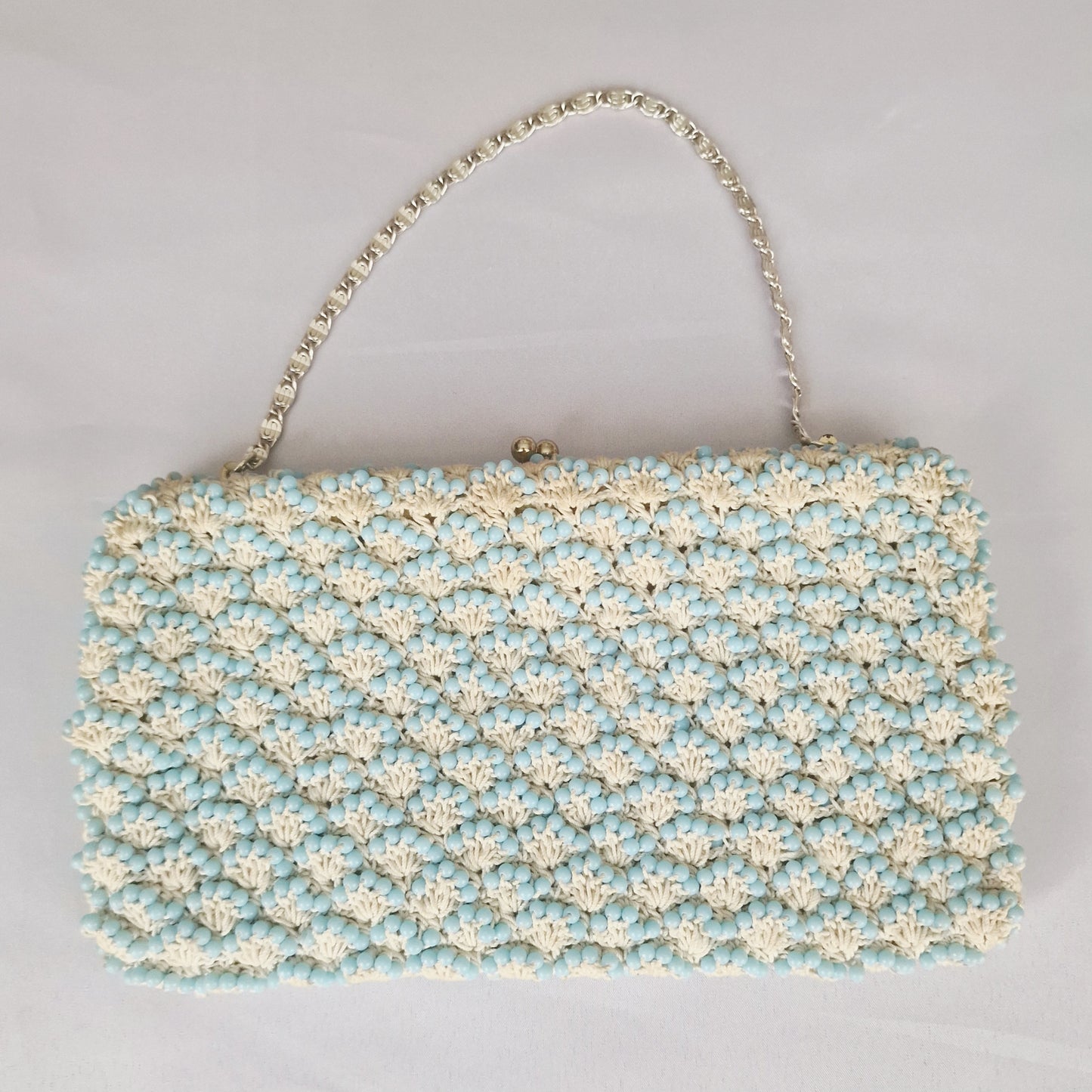 Vintage 1960s Baby Blue Cream Beaded Crochet Evening Clutch Bag Frame Kiss Lock