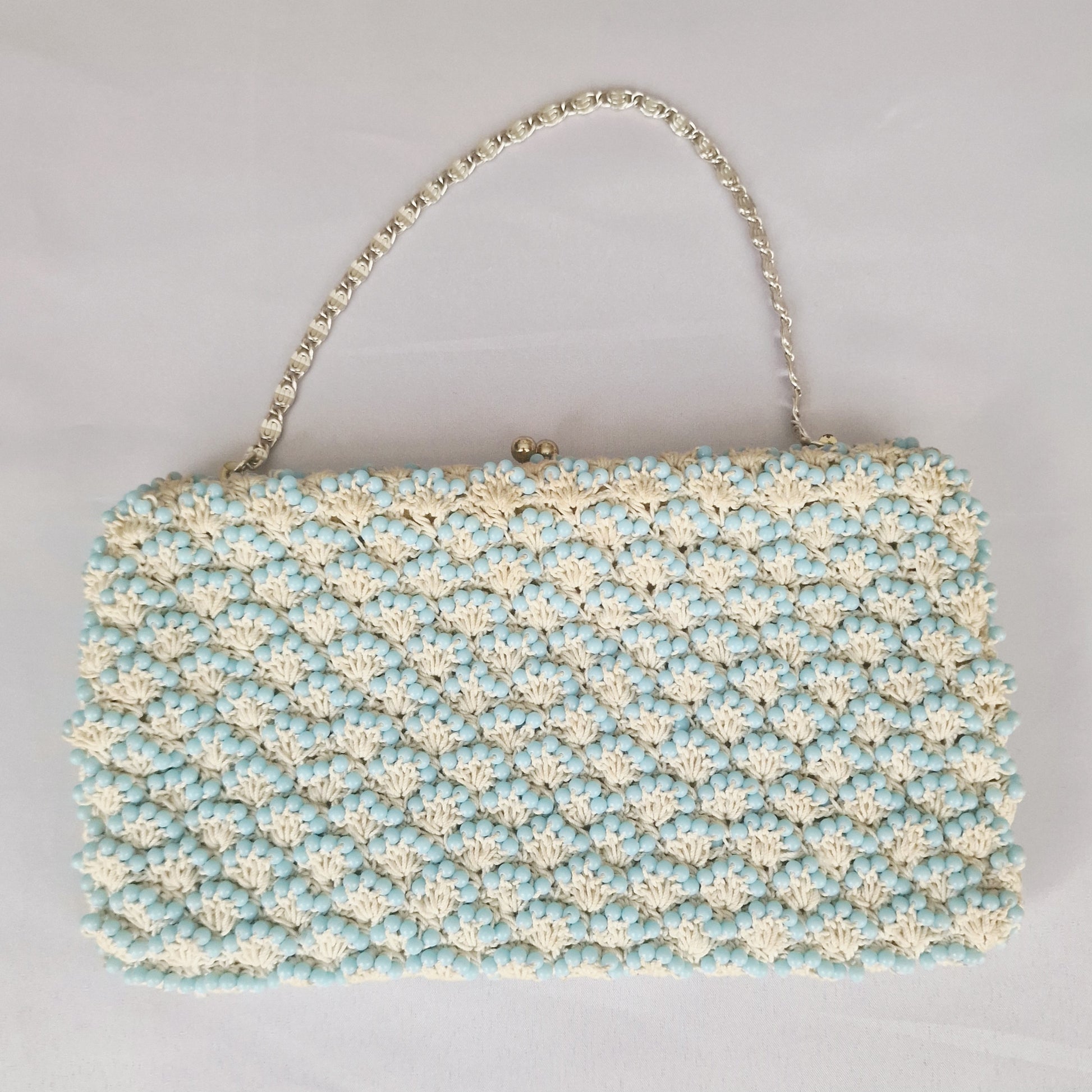 Vintage 1960s Baby Blue Cream Beaded Crochet Evening Clutch Bag Frame Kiss Lock