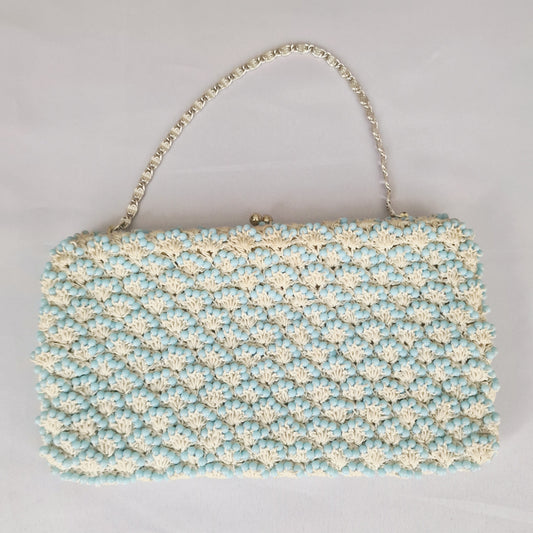 Vintage 1960s Baby Blue Cream Beaded Crochet Evening Clutch Bag Frame Kiss Lock