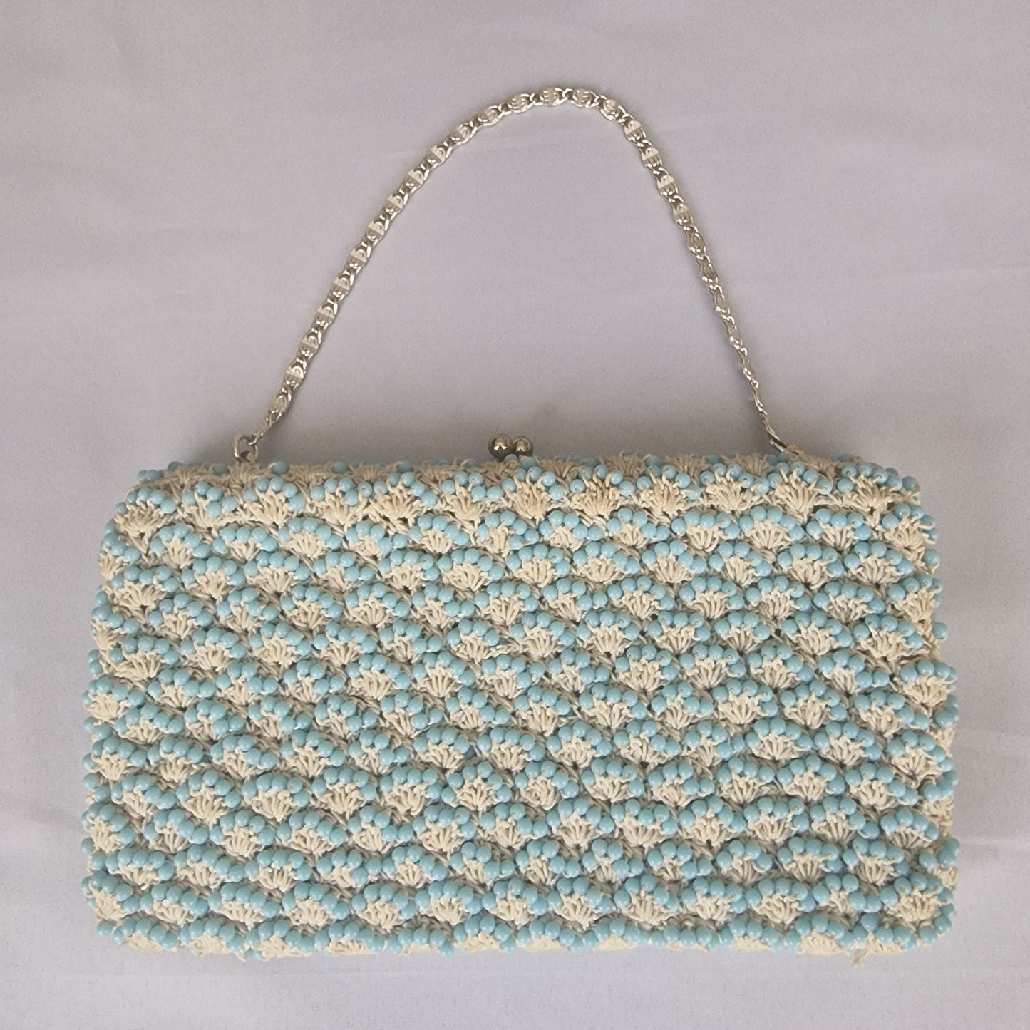 Vintage 1960s Baby Blue Cream Beaded Crochet Evening Clutch Bag Frame Kiss Lock – photo 5