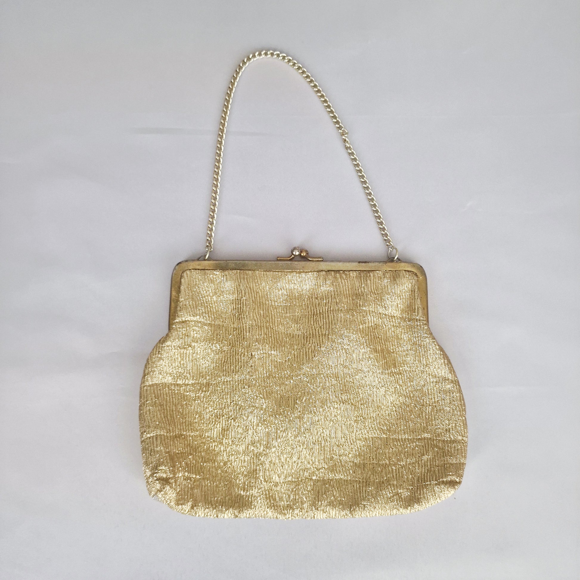 Vintage 1970s Gold Silver Lame Evening Bag Clutch Metal Frame Geometric Clasp